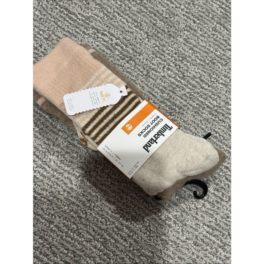 Timberland Neutral Tone Crew Socks with Pink and Brown Accents